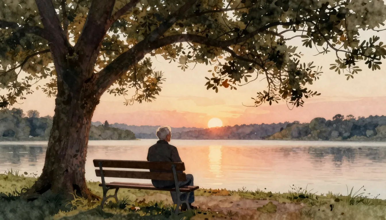 Watercolor style. A serene silhouette of an old man sitting ...