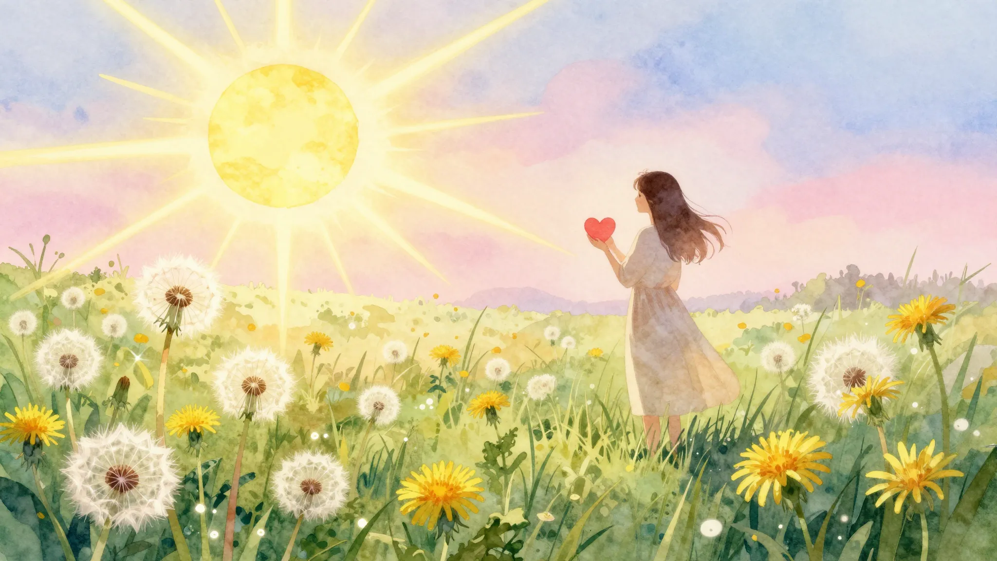 Vibrant watercolor style. A warm spring landscape with bloom...