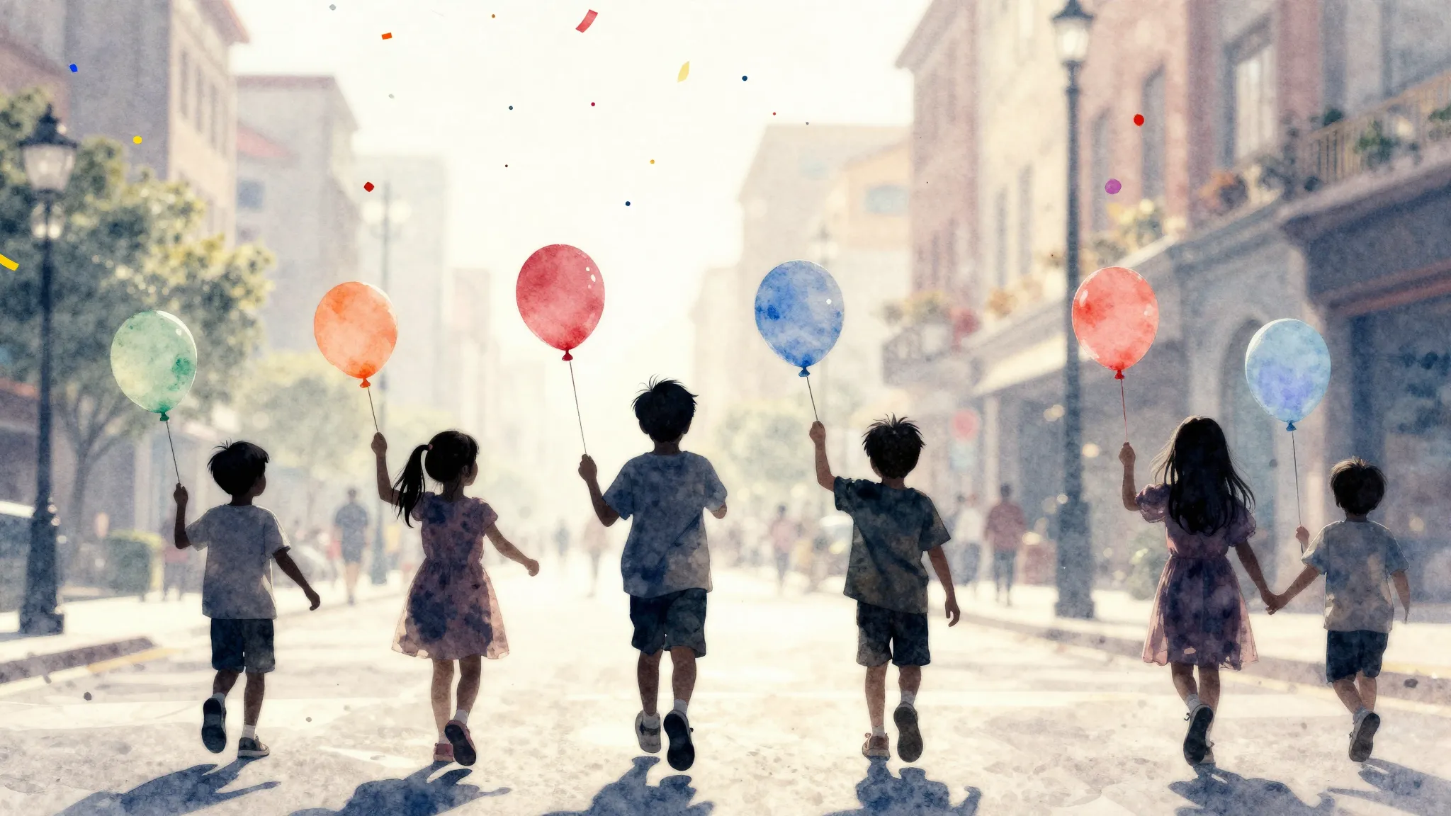 Watercolor style. Silhouettes of children walking in a festi...