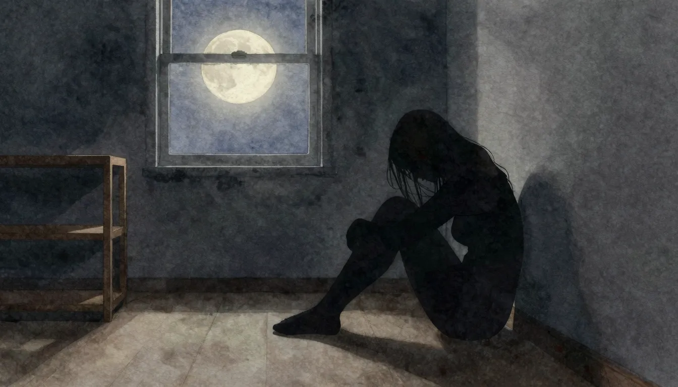 Watercolor style. Silhouette of a lonely female figure sitti...