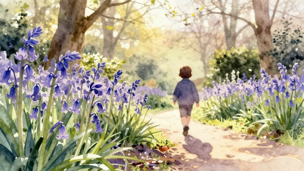 Vibrant watercolor style. A cozy, sunlit kindergarten garden...