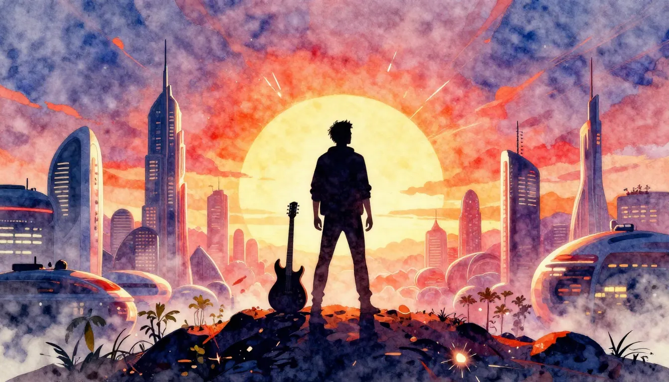 Vibrant watercolor style. Rock album cover, a silhouette of ...