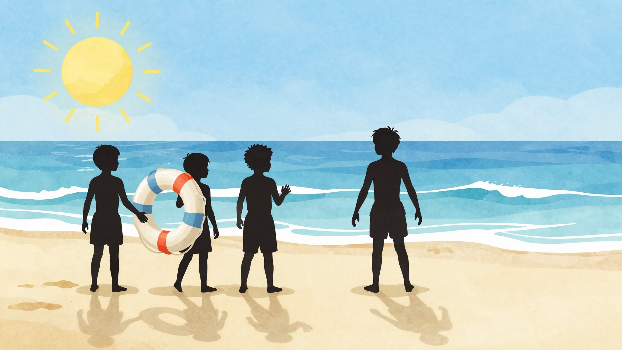 Watercolor style. Silhouette of kids playing on a beach with...