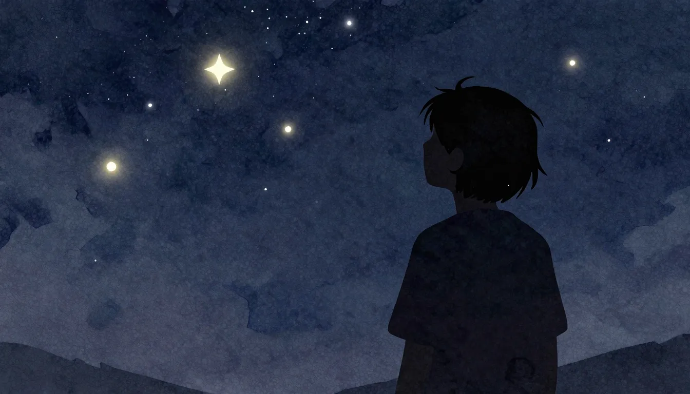 Watercolor style. A silhouette of a person looking at a star...