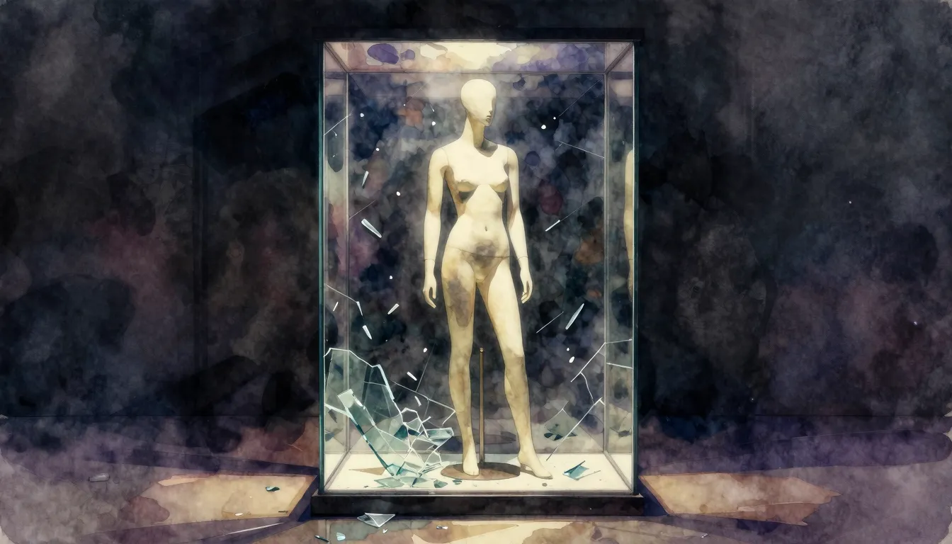 Vibrant watercolor style. A lonely mannequin in a glass disp...