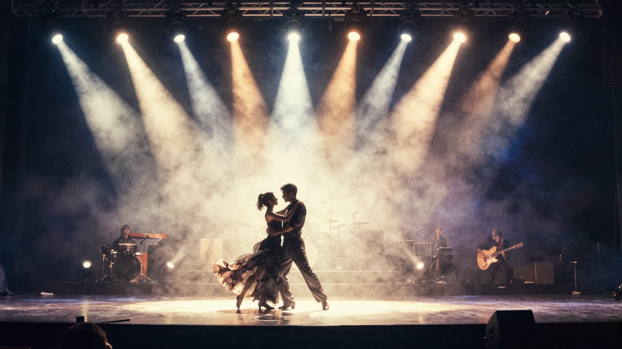 Watercolor style. A theatrical stage with bright spotlights,...