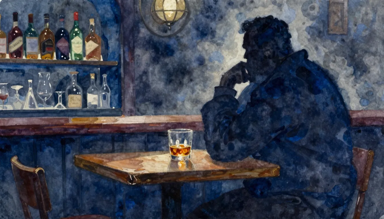 Vibrant watercolor style. A moody, dimly lit blues bar atmos...