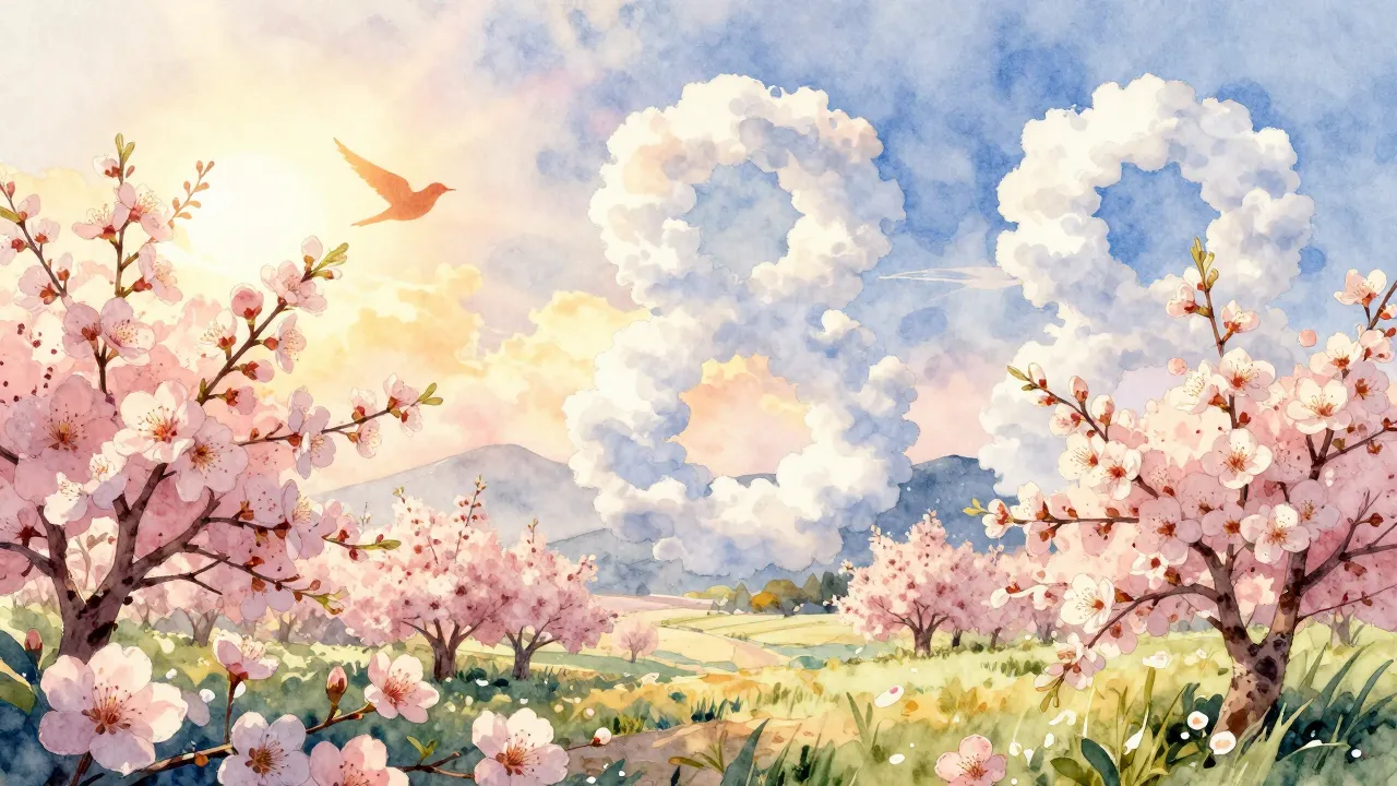 Watercolor style. Beautiful spring landscape, blooming flowe...