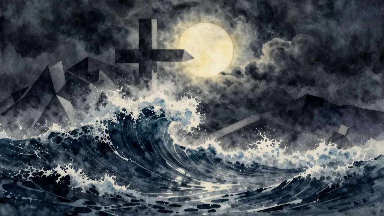 Watercolor style. Dark stormy ocean wave crashing over abstr...