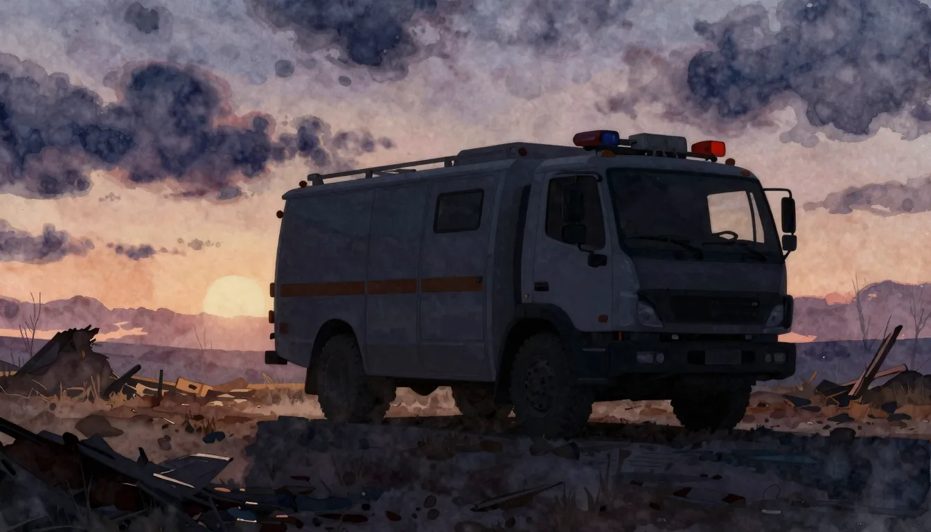Watercolor style. A dark silhouette of a rescue vehicle in a...