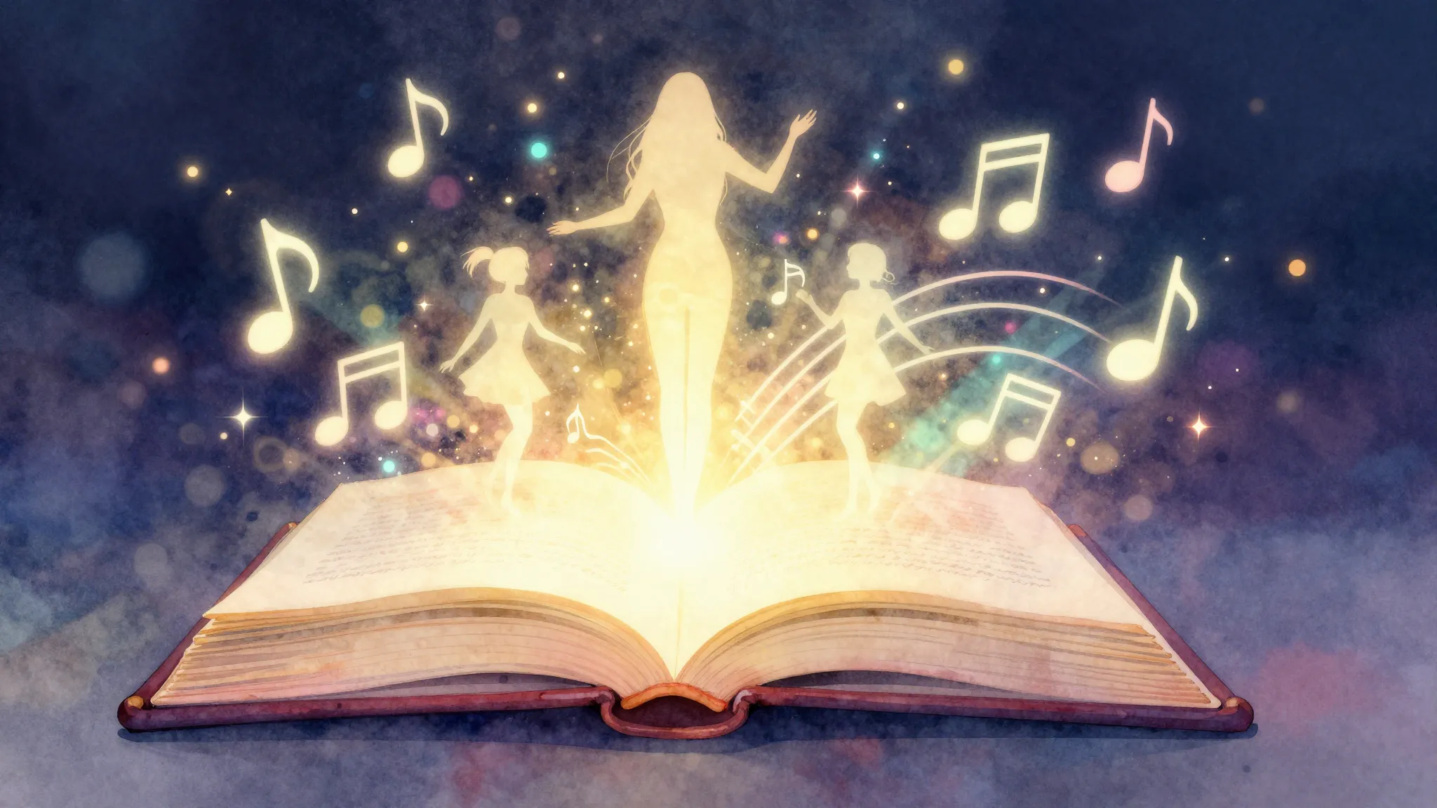 Watercolor style. A glowing magical book opening up with mus...