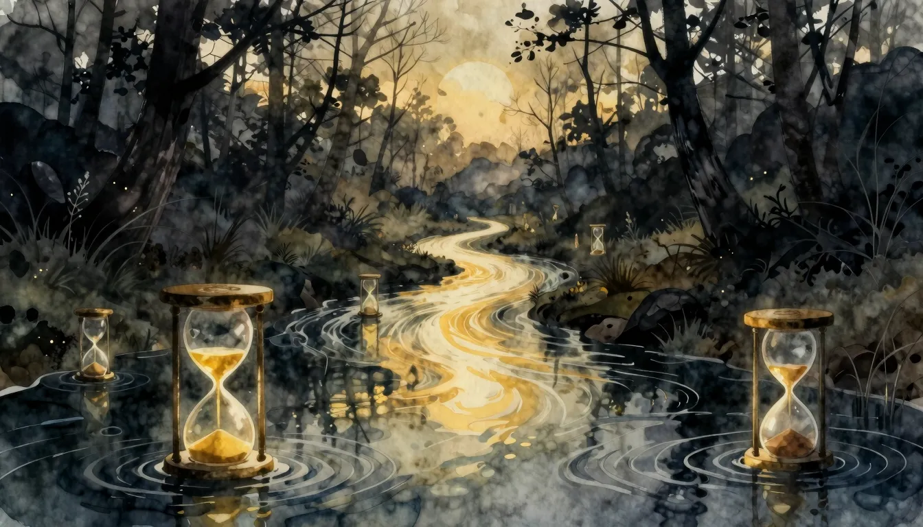 Watercolor style. A mysterious river flowing through a dark ...
