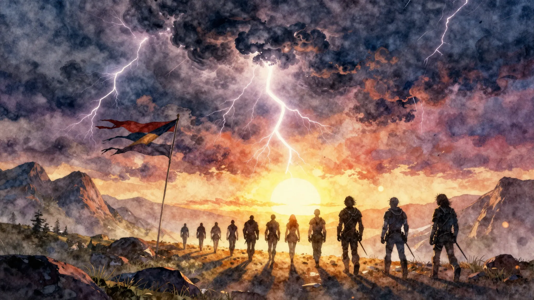 Vibrant watercolor style. Power metal album cover, a group o...