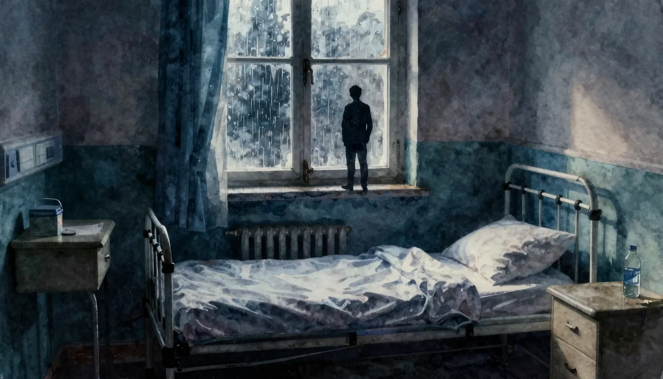 Vibrant watercolor style. A lonely silhouette by a window in...