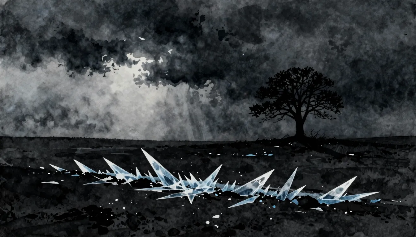 Watercolor style. Dark frozen landscape, sharp ice shards pi...