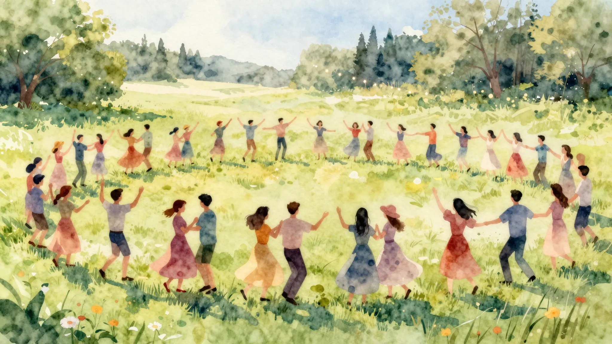 Watercolor style. Silhouettes of people dancing in a large c...