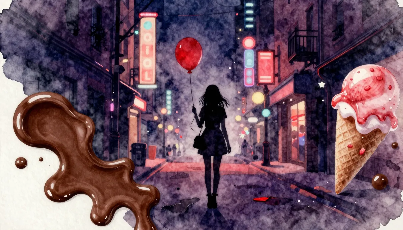 Watercolor style. Dark urban street at night, neon lights, s...