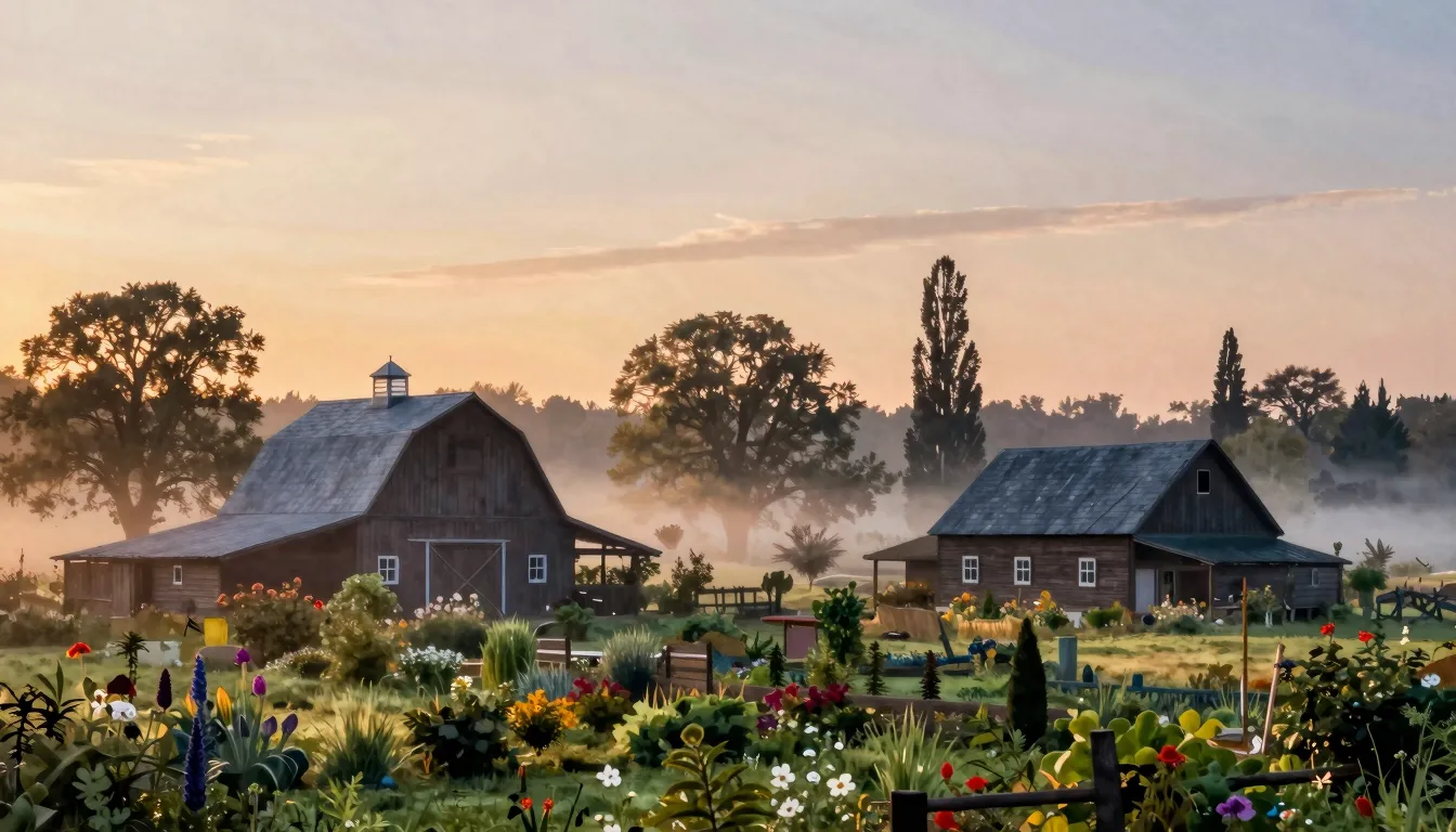 Watercolor style. Silhouette of a village house, barn, and g...