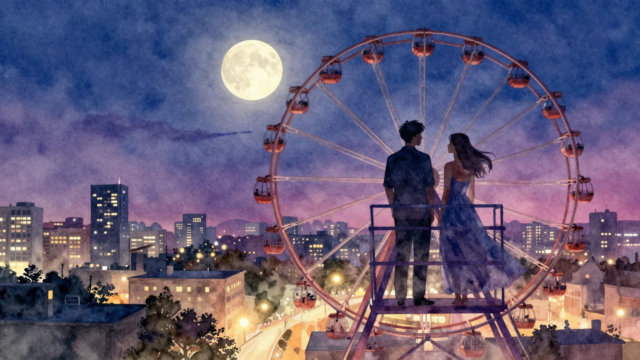 Vibrant watercolor style. A romantic silhouette of a couple ...