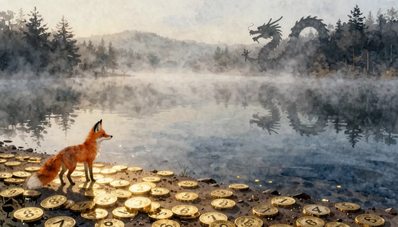 Watercolor style. A calm lake covered in morning mist, with ...