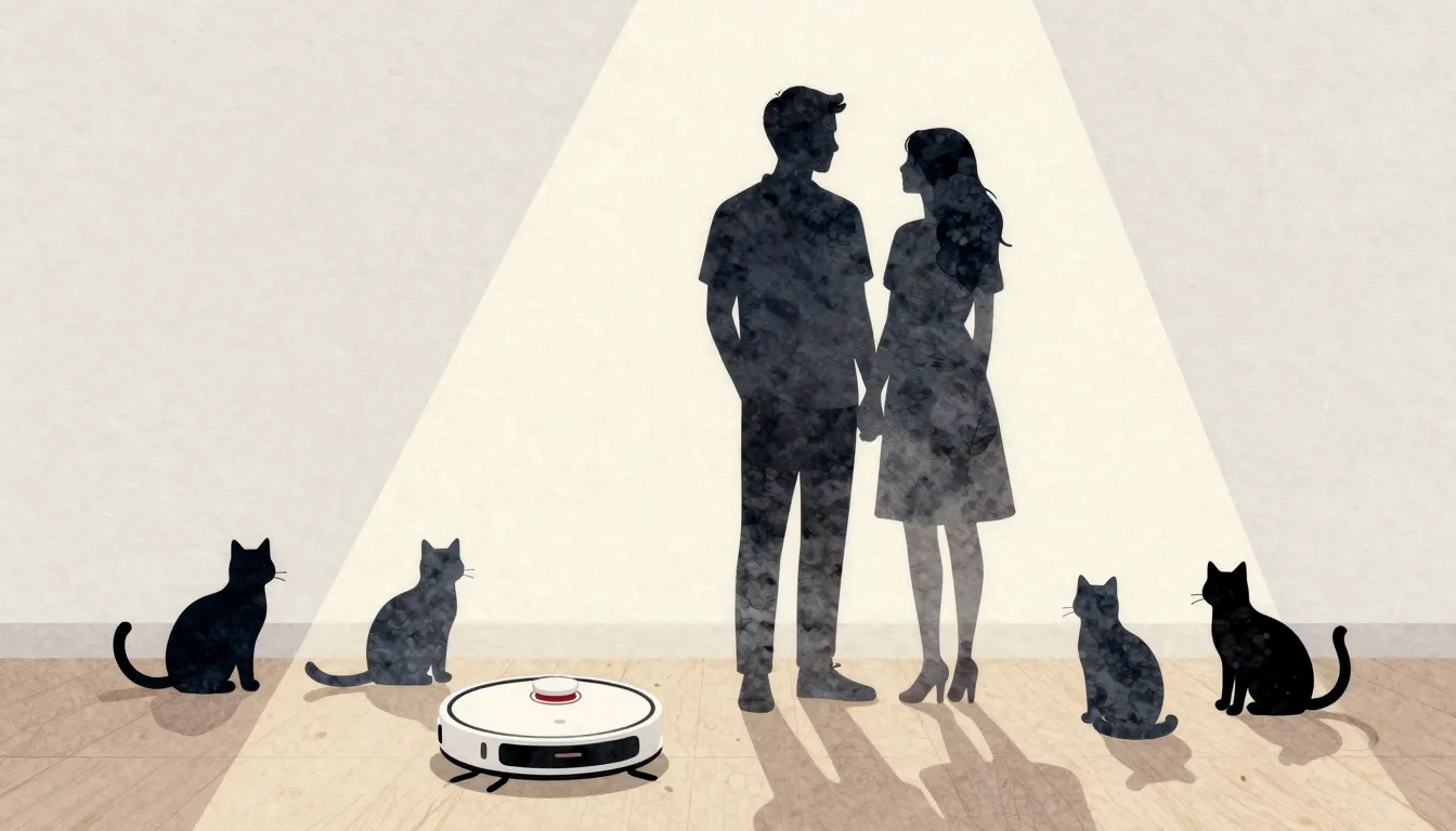 Watercolor style. Silhouette of a couple in a room with 4 ca...