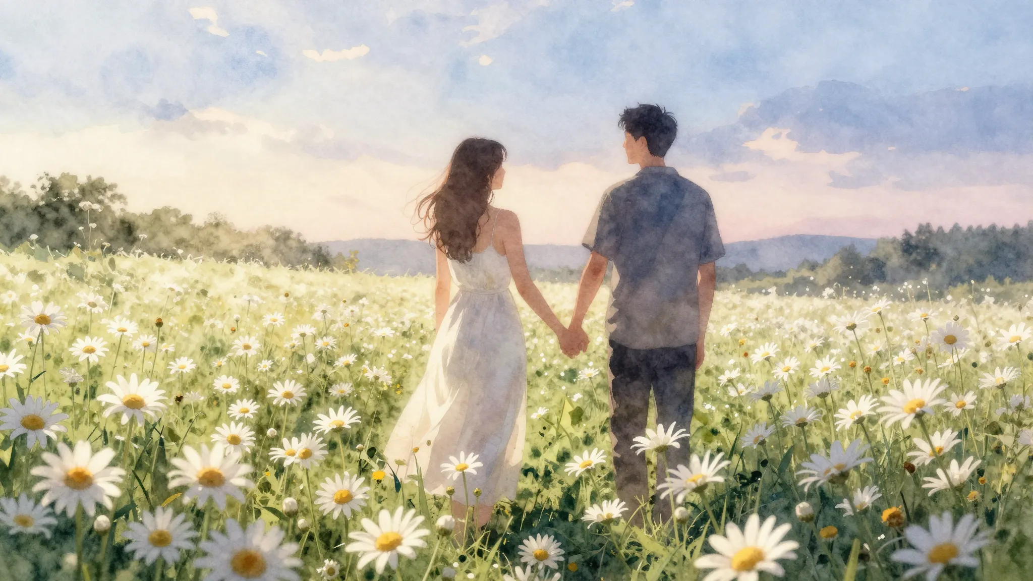Watercolor style. Silhouette of a couple holding hands in a ...