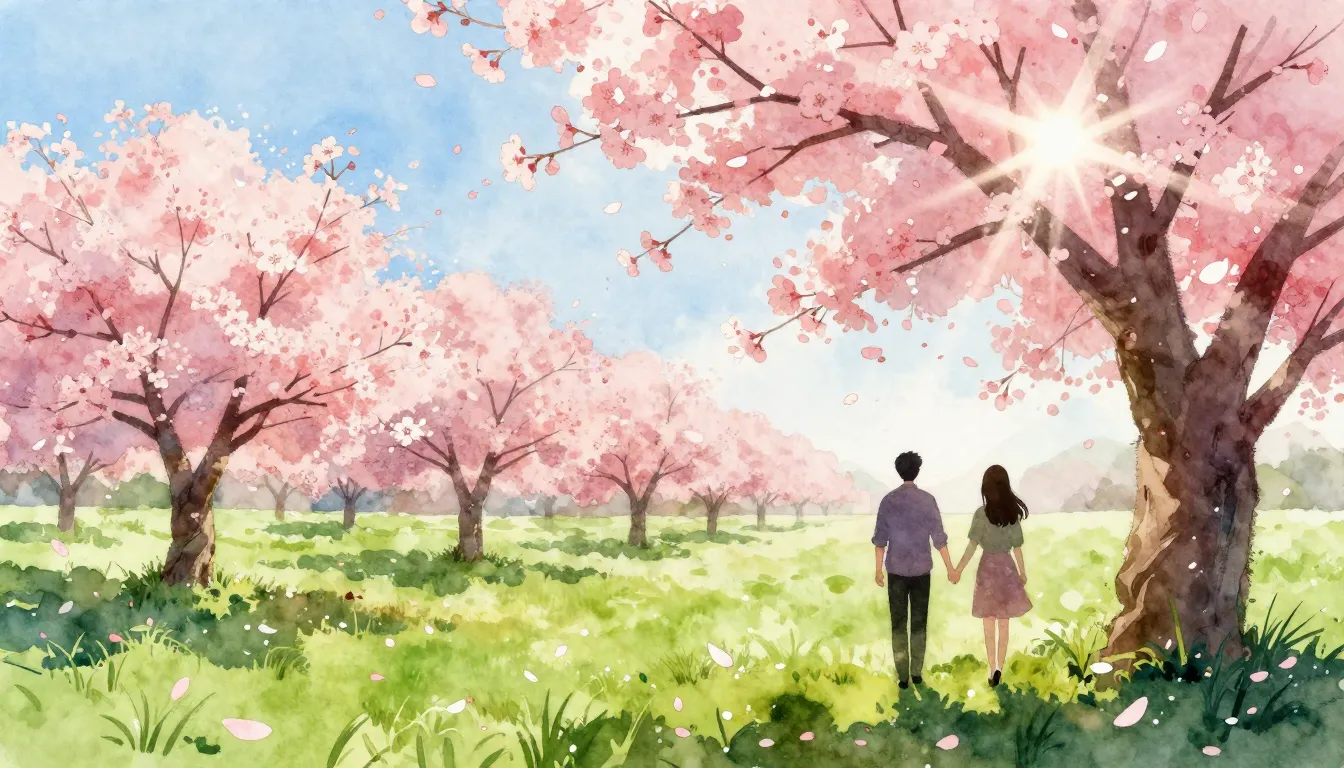 Watercolor style. A blooming cherry orchard in spring, soft ...
