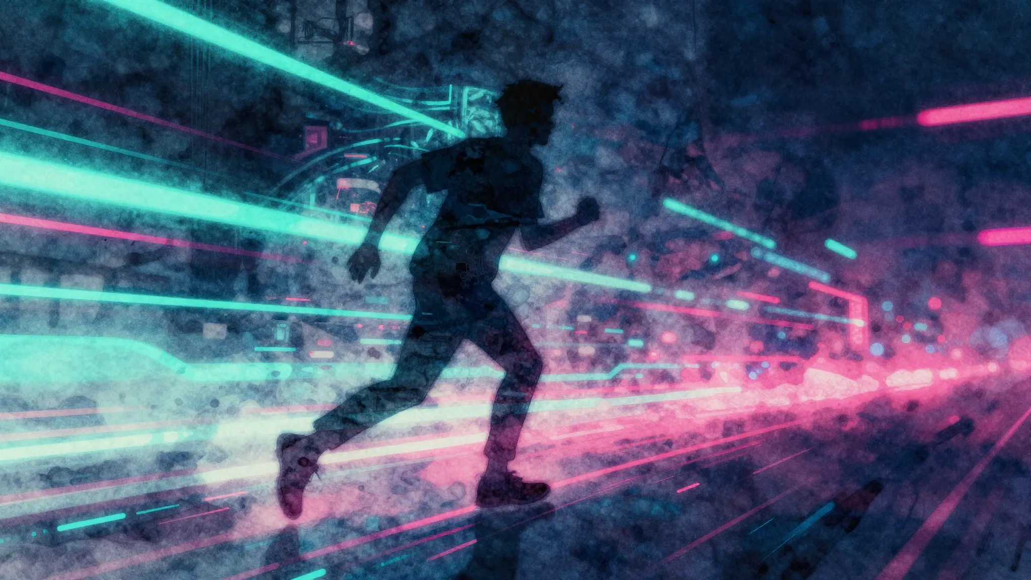Vibrant watercolor style. Cyberpunk aesthetic, abstract moti...
