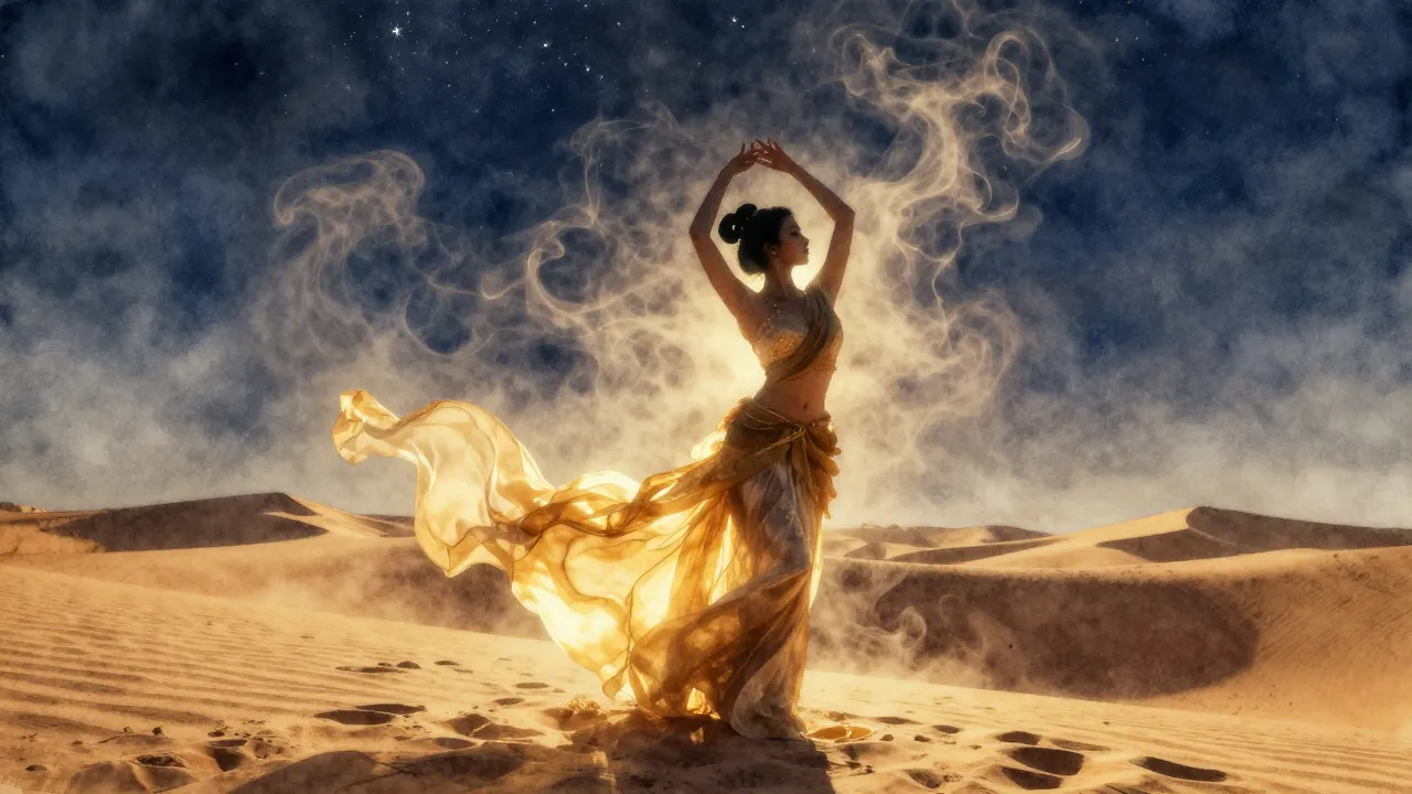 Watercolor style. Silhouette of a graceful woman in the dese...