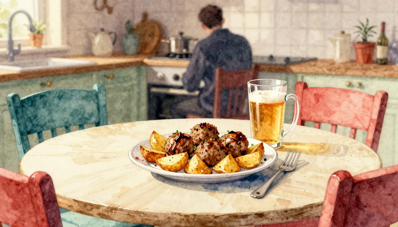 Vibrant watercolor style. A cozy kitchen table with a plate ...