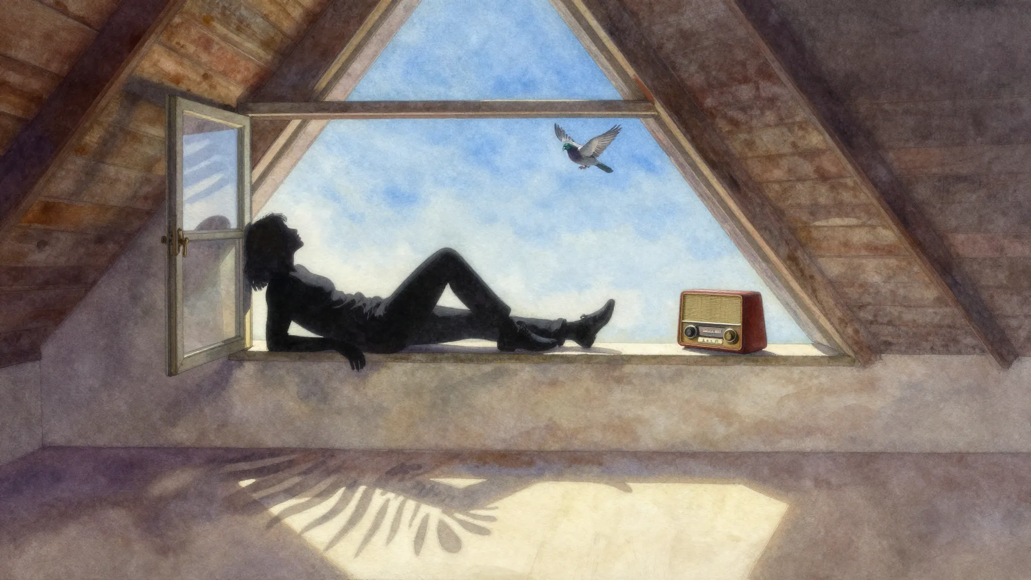 Vibrant watercolor style. A silhouette of a person lying in ...