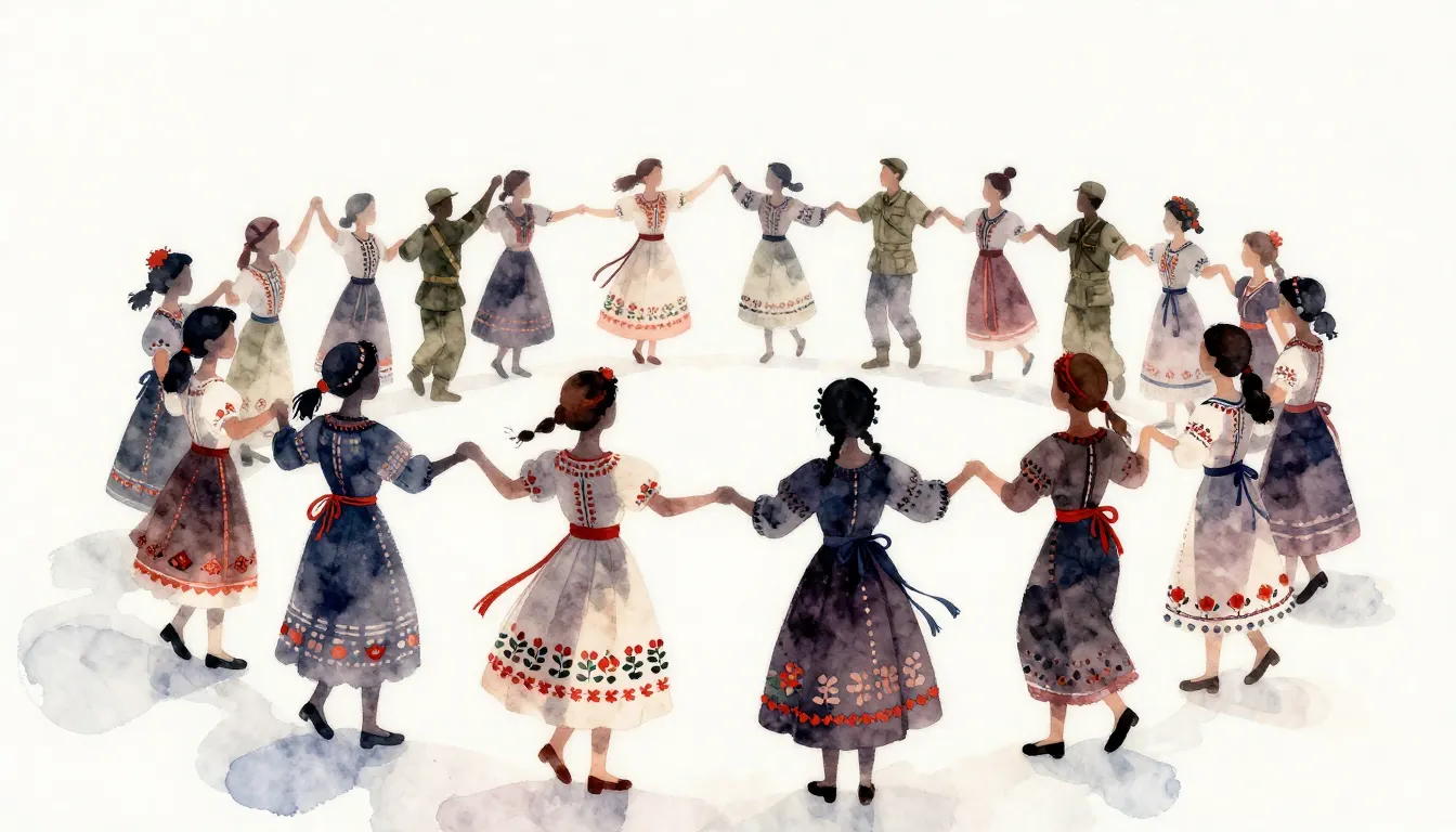 Watercolor style. Silhouettes of girls in traditional dresse...