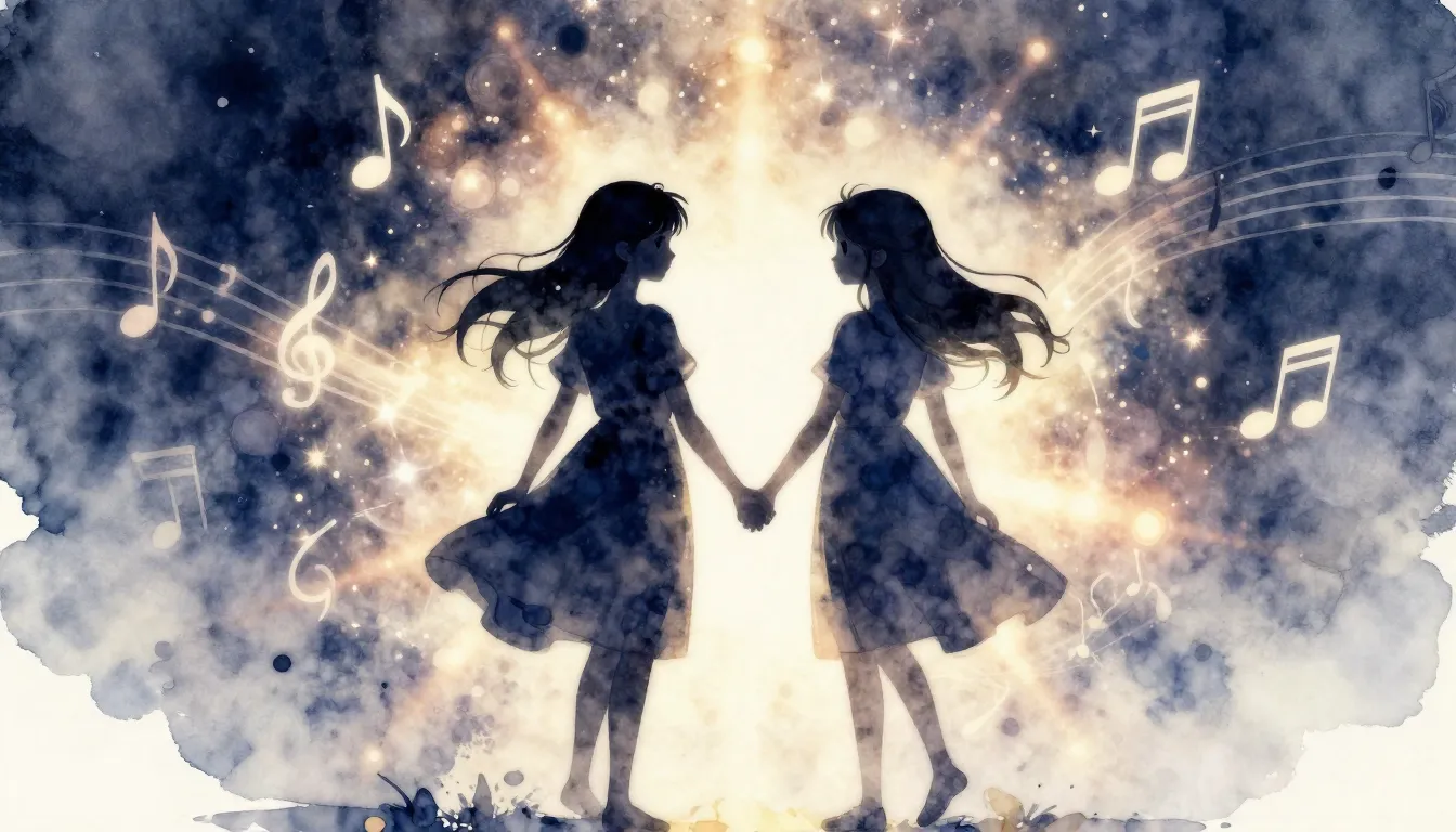 Watercolor style. Silhouette of two sisters holding hands, g...