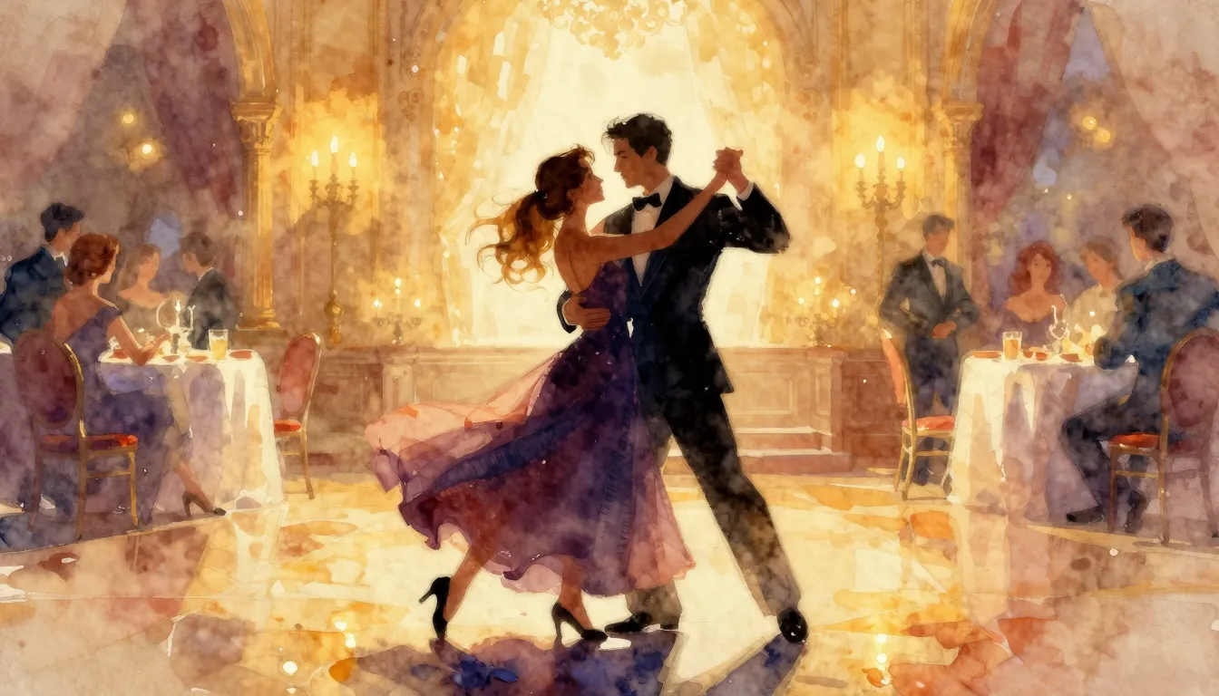 Vibrant watercolor style. A romantic ballroom scene, a silho...