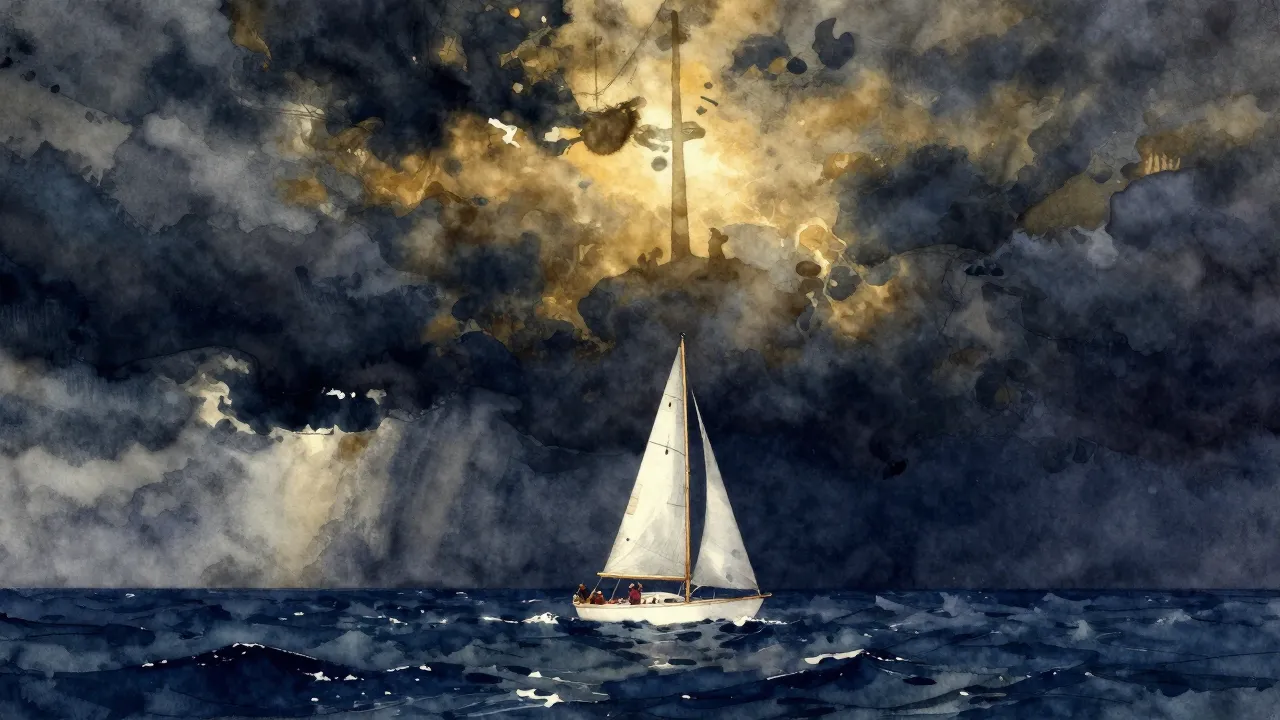 Vibrant watercolor style. A lonely white sail on a dark stor...