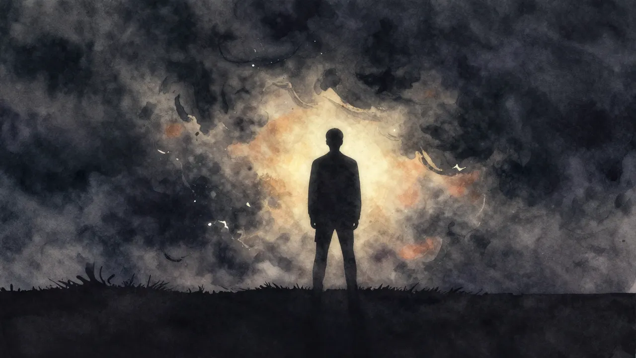 Vibrant watercolor style. A silhouette of a lone figure stan...