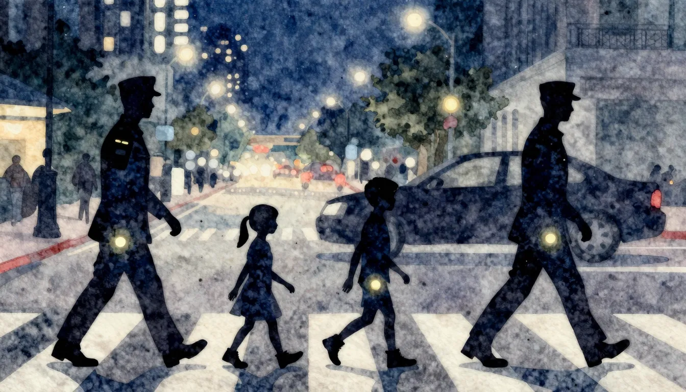 Watercolor style. Silhouette of a family crossing a street, ...