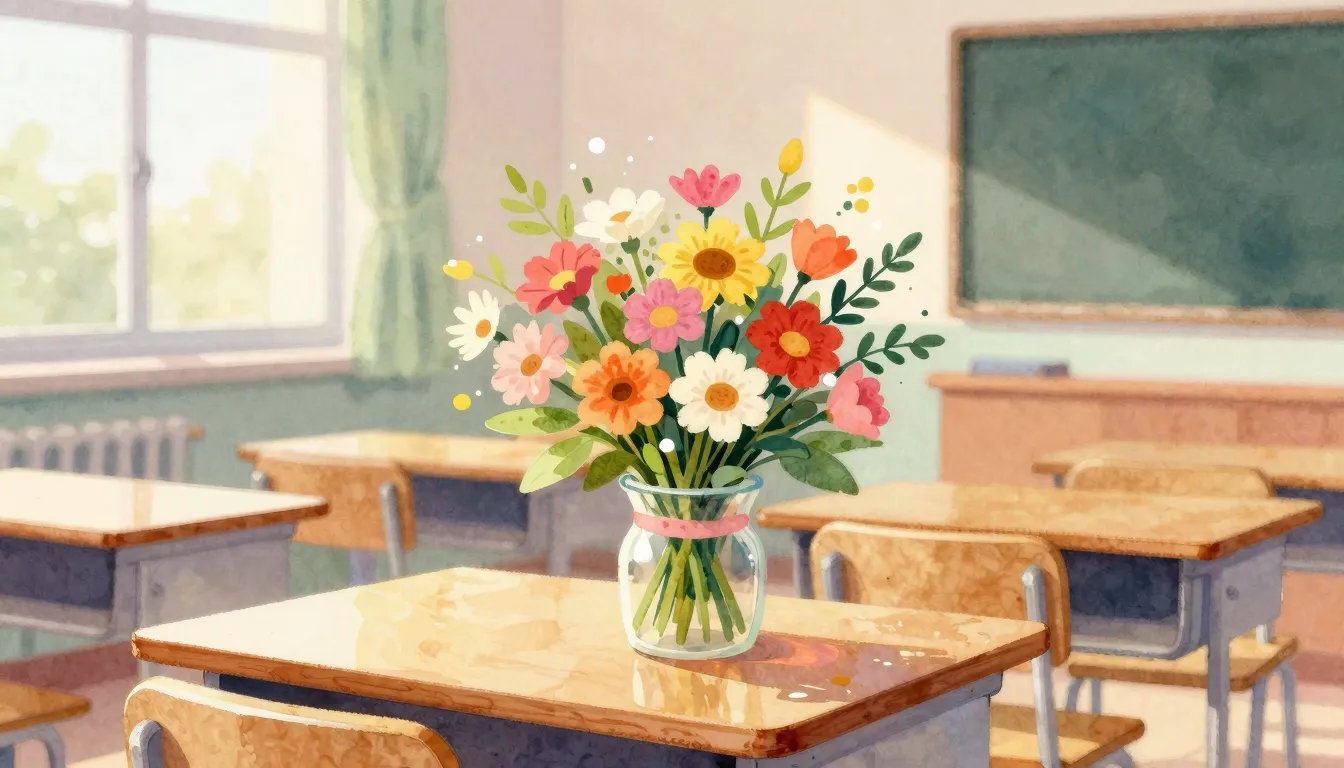 Vibrant watercolor style. A cozy classroom scene with a bouq...