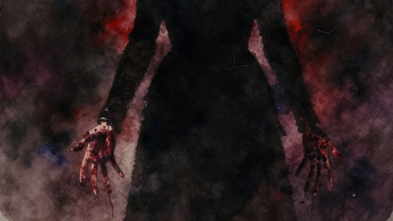 Vibrant watercolor style. Dark operatic atmosphere, a shadow...