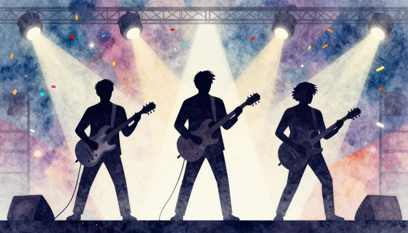 Watercolor style. Silhouettes of three musicians with guitar...