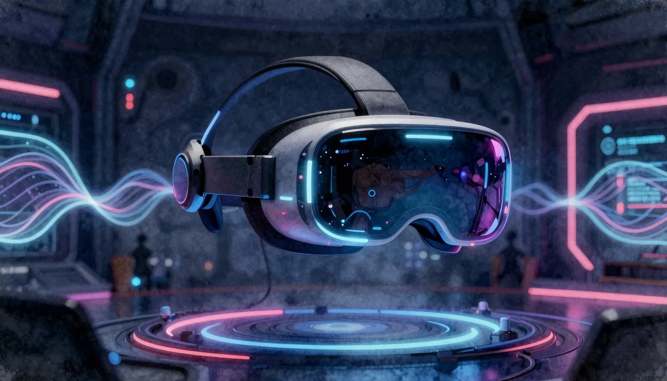 Watercolor style. Futuristic glowing VR headset floating in ...