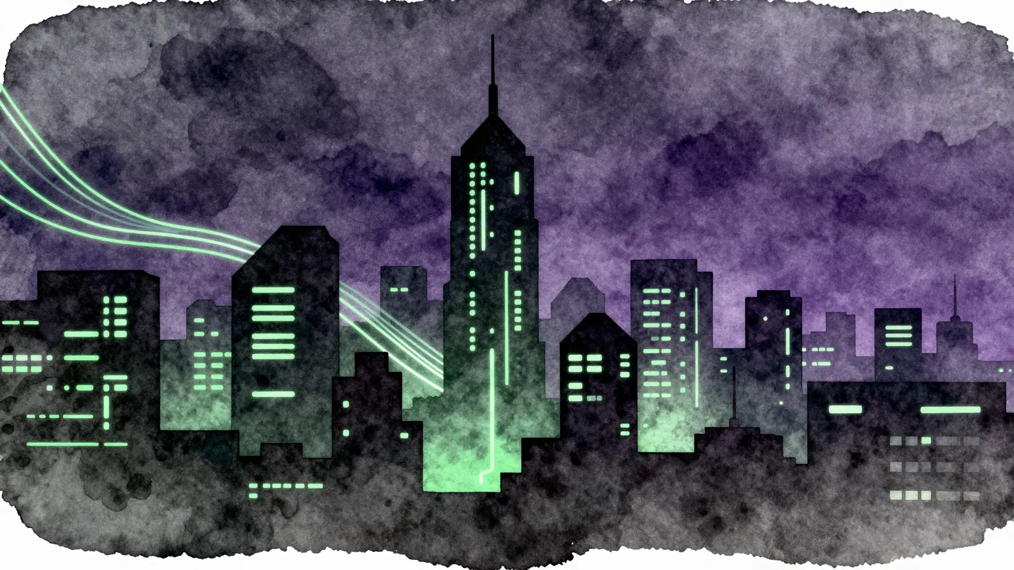 Watercolor style. Neon city silhouette, glowing cables, dark...