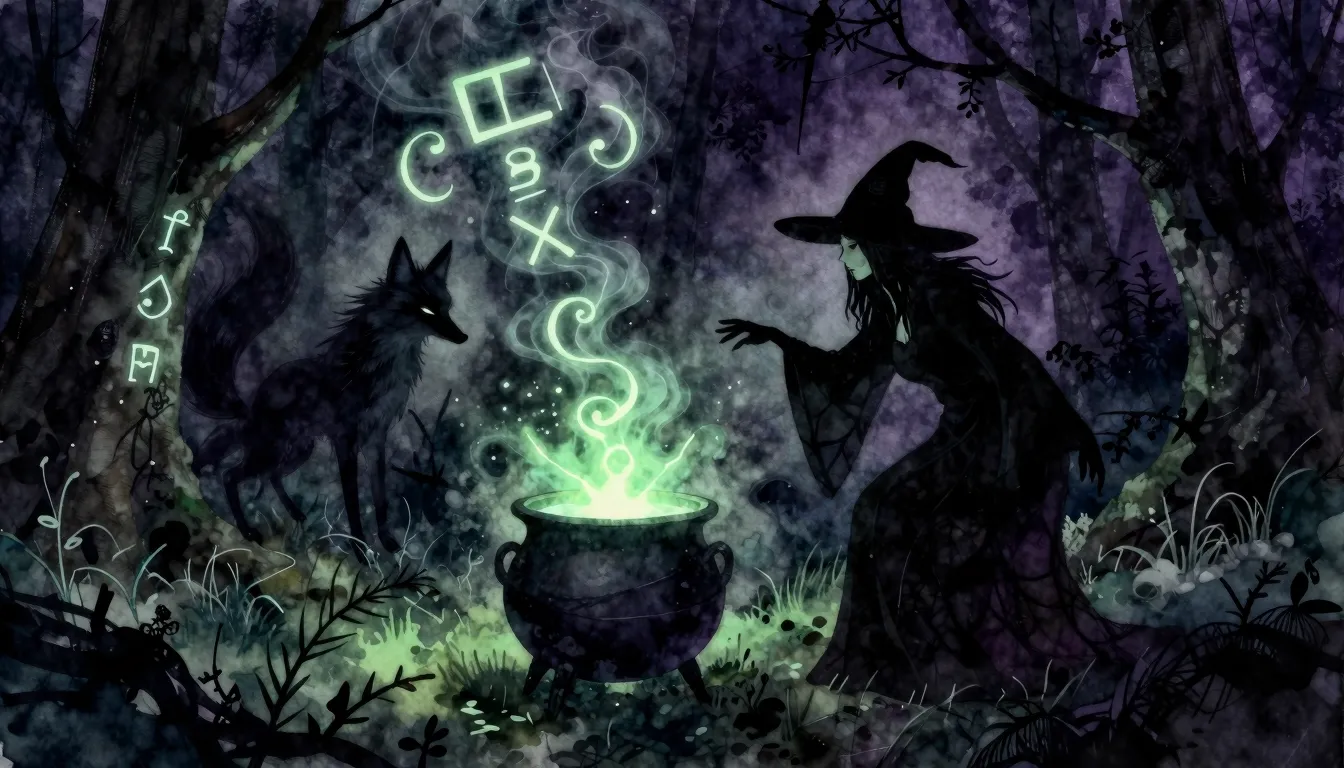 Watercolor style. A dark forest at night, a glowing cauldron...