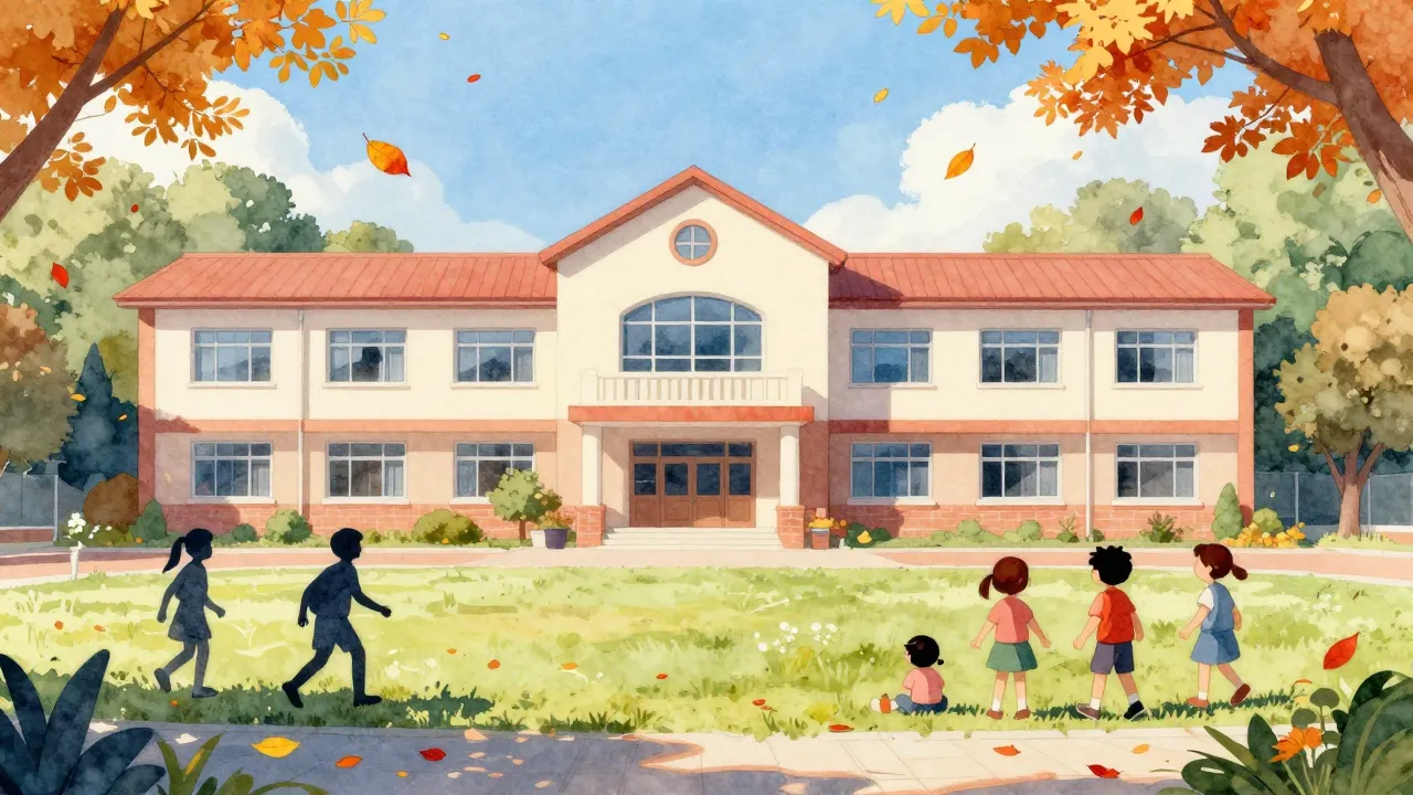Watercolor style. A bright school building with silhouettes ...