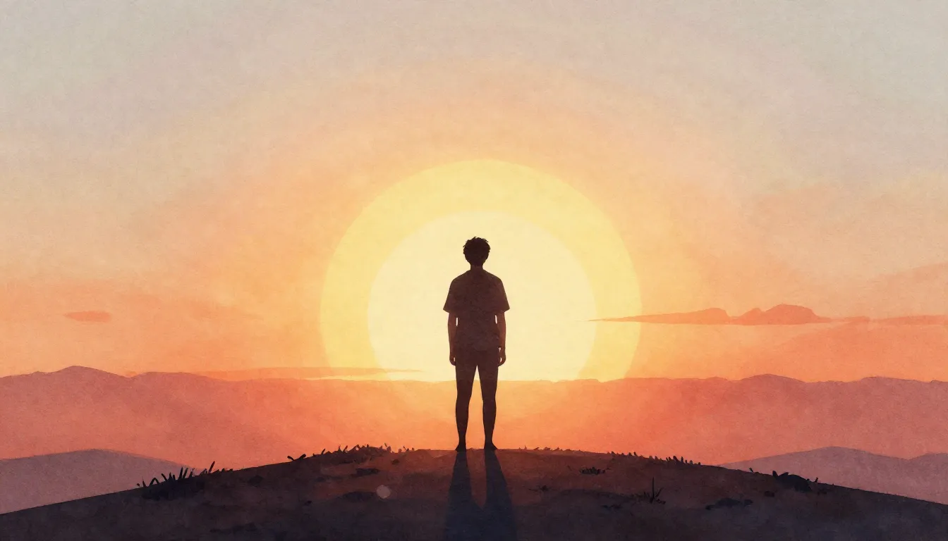 Watercolor style. A silhouette of a person standing on a hil...