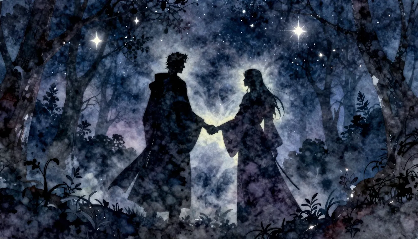 Watercolor style. Silhouette of two mages holding hands unde...