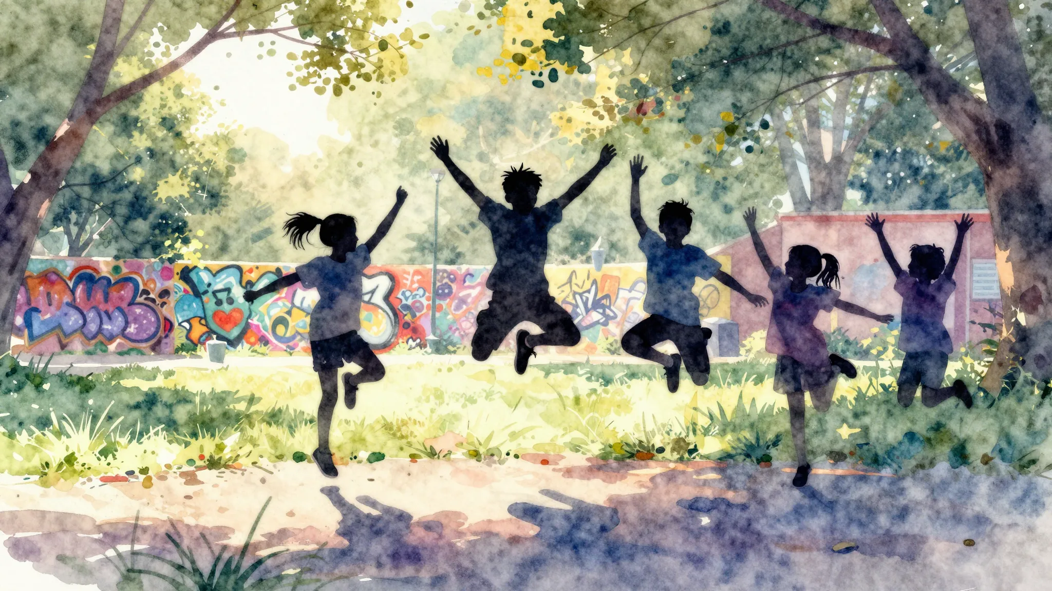 Watercolor style. Silhouette of kids dancing and jumping in ...