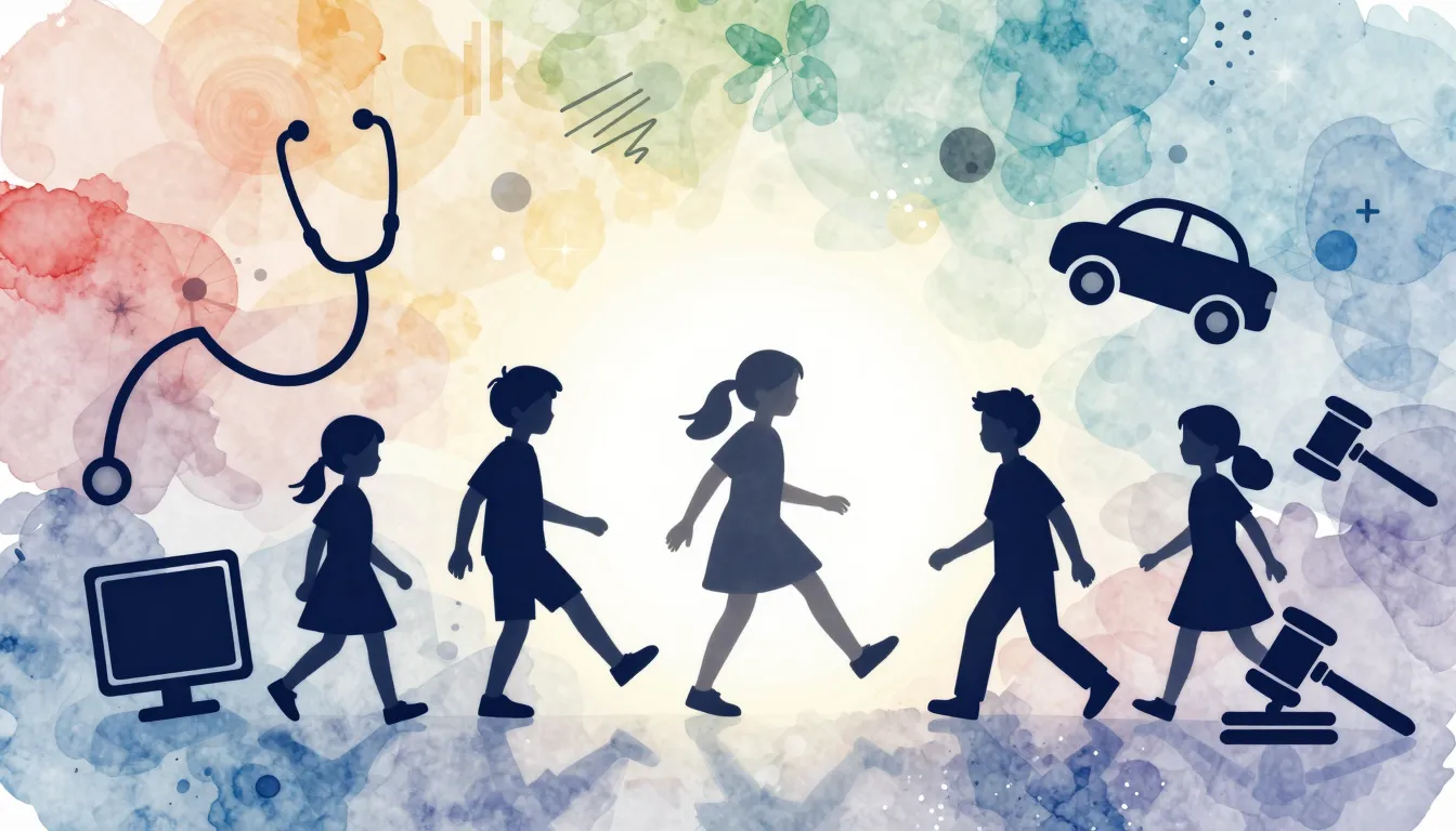 Watercolor style. Silhouettes of children stepping into a br...