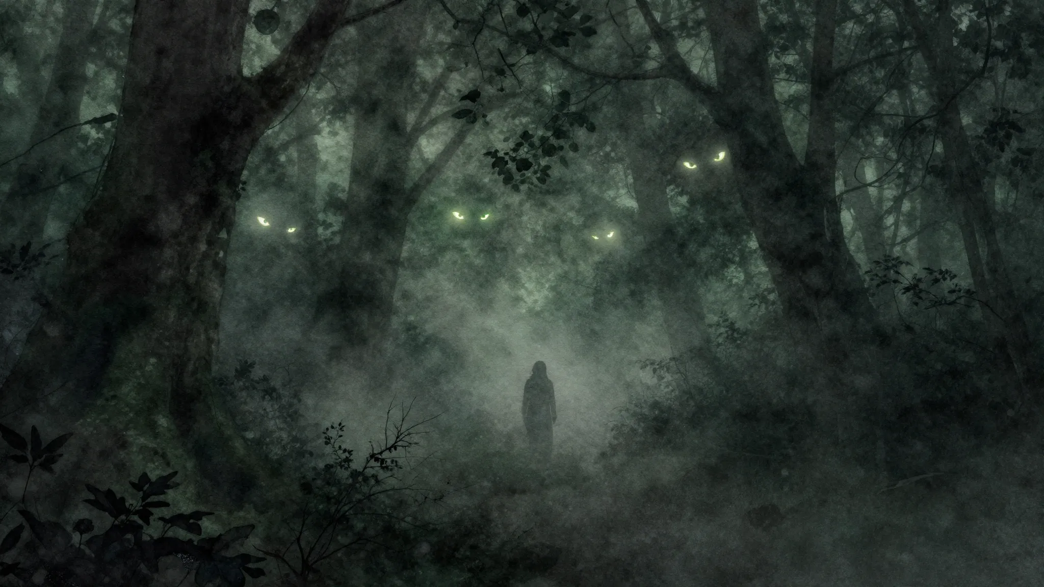 Watercolor style. Dark misty forest at night, glowing eyes i...