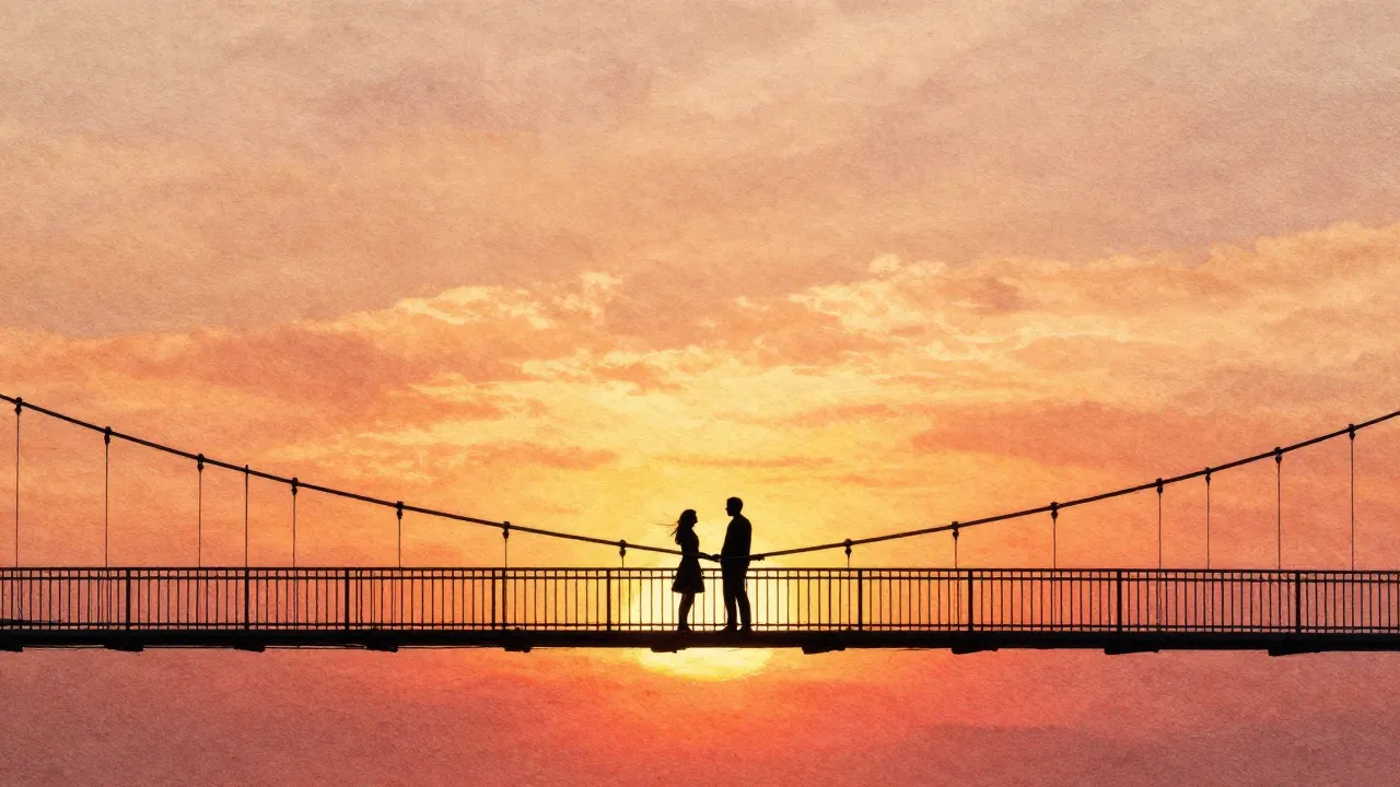 Vibrant watercolor style. A romantic and nostalgic scene fea...
